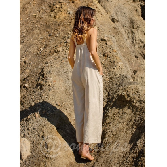 Linen Blend Casual Beige Overalls Pockets Jumpsuit Wide Leg - Picture 2 of 7
